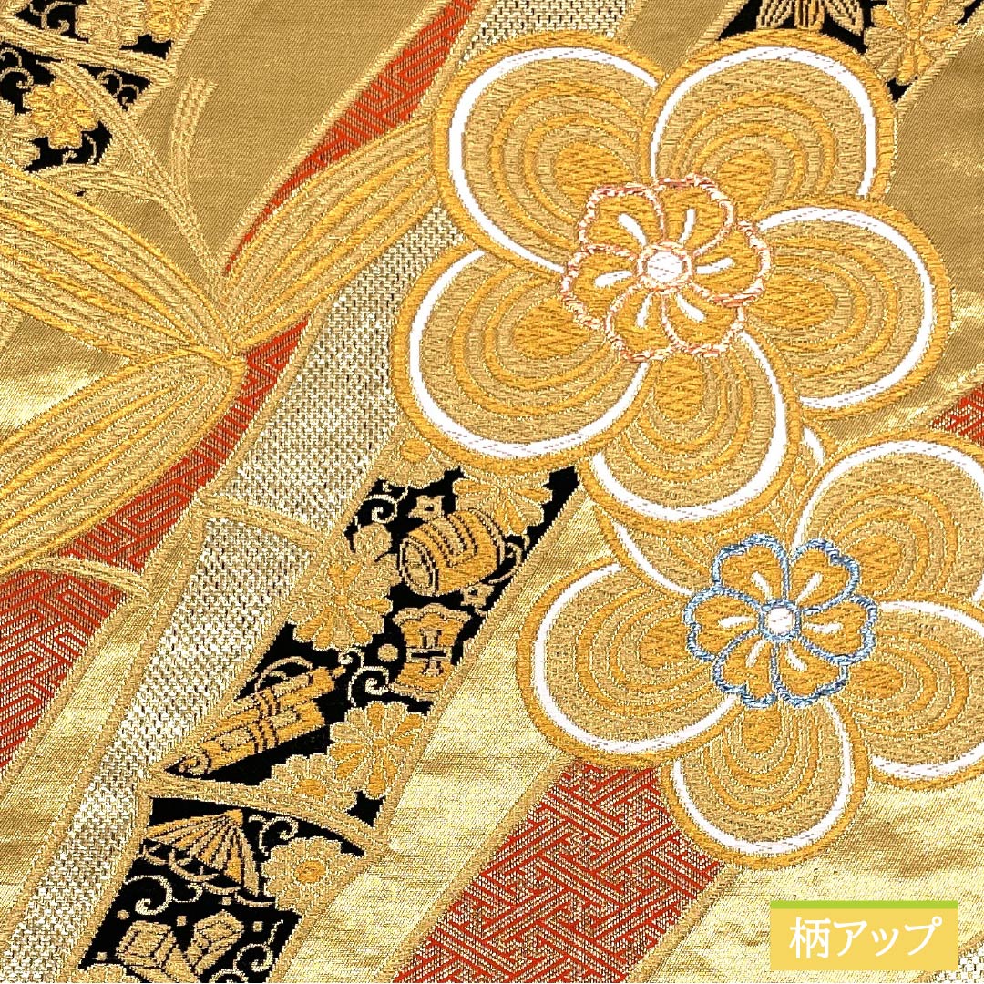Fukuro Obi, Pure Silk, For Furisode, Ikishoka Takumi Nishiki, Twisted Plum, Treasures, Length 420cm, S Rank, Six-way, Formal, Gold, 1123013792321