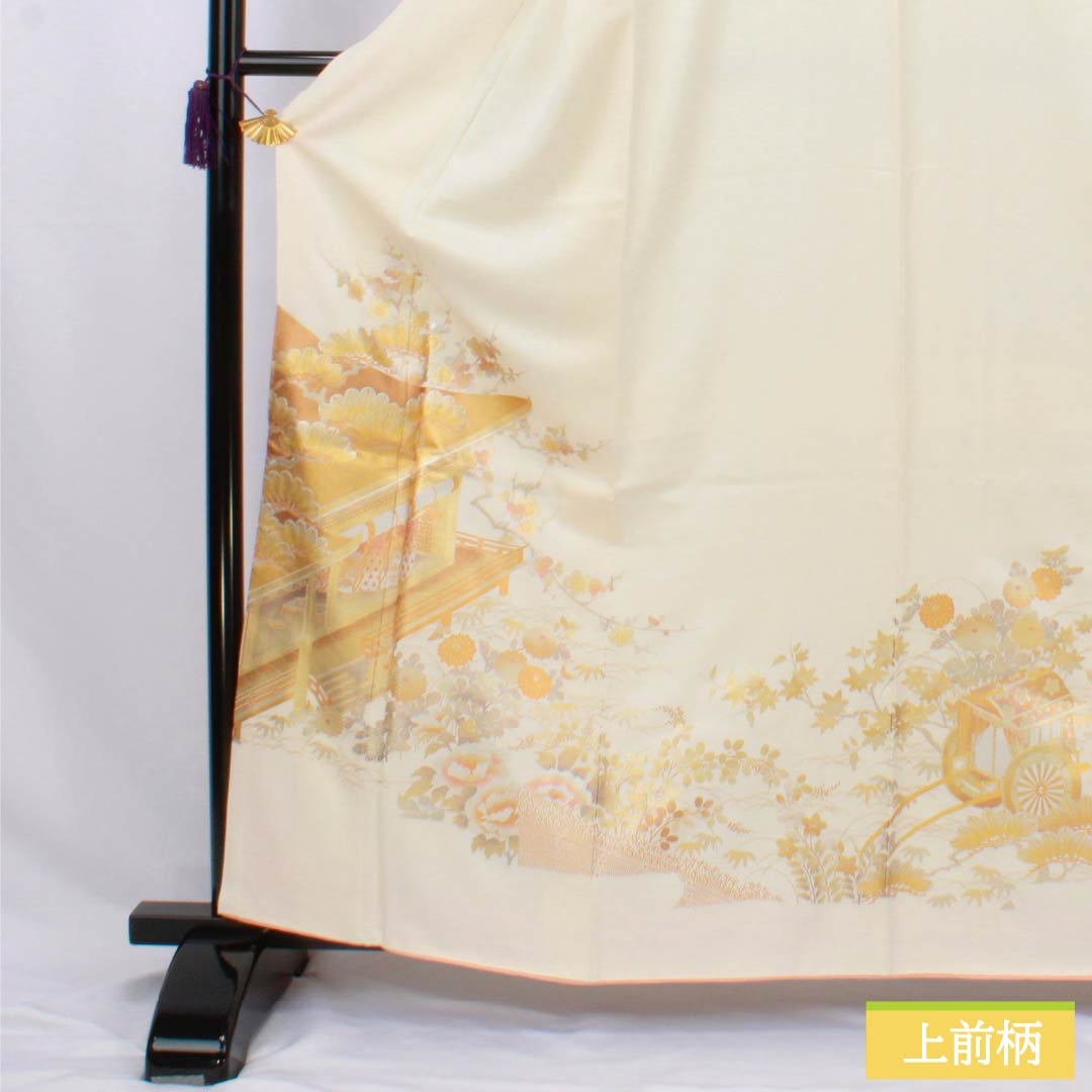 色留袖 正絹 Sランク 身丈160cm 裄丈60.5cm 袷 乳白色（にゅうはくしょく） 一つ紋 丸に木瓜 和田光正 金彩加工 時代風景模様 御所車 一つ紋 白系 1111002012411