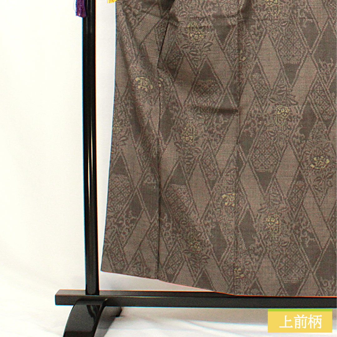 結城紬 正絹 身丈157.5cm 裄丈64.5cm  黝色 抽象模様 しつけ糸付き 未使用品 Sランク 袷 グレー系 1116003322322