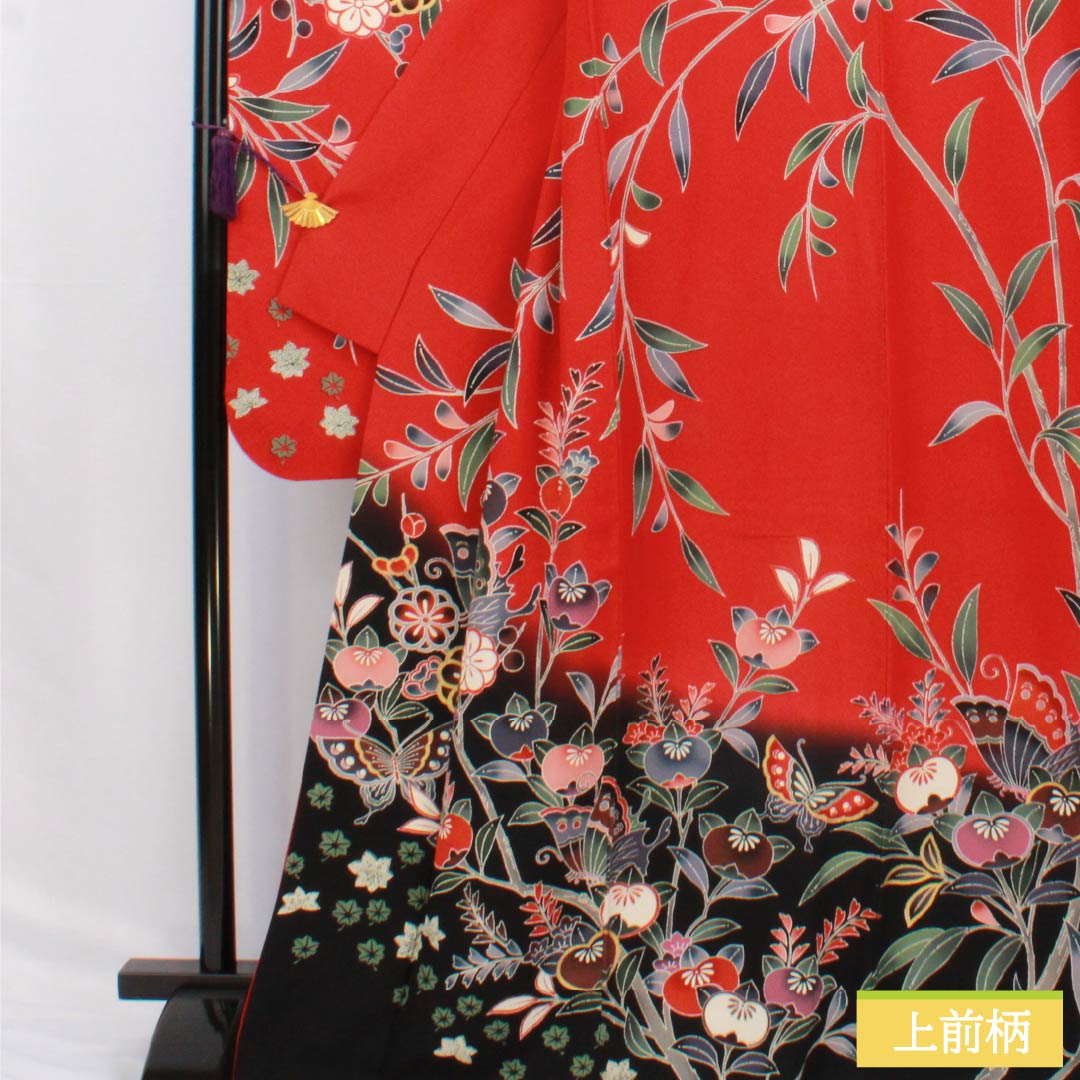 Furisode (long-sleeved kimono) made of pure silk, S-rank, length 167cm, sleeve length 66cm, lined, red, Kyoto Bingata (dyed dye) pattern, auspicious motifs of butterflies, tangerines, and reddish tones, product number 1113002322512