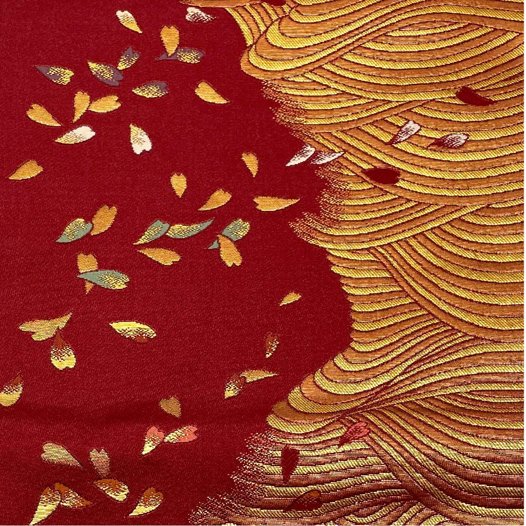 Nagoya obi, Kyoto fukuro obi, raw crimson, cherry blossom, abstract pattern, obi length 369cm, poly, A rank, full length, semi-formal, vermilion, 1124003433316, open style