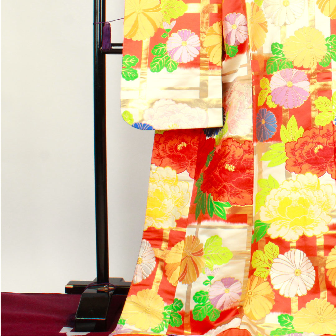 色打掛 身丈185cm  緋色 市松 花模様 正絹 Aランク 袷 朱系 1110000493916