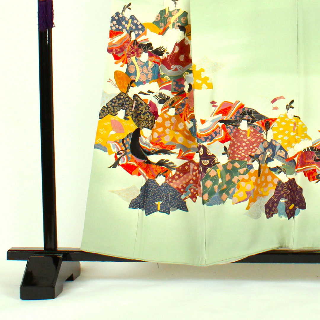 Colored Tomesode, Length 158cm, Sleeve Length 64cm, Awase, Daimyo Pattern, Pure Silk, A Rank, Three Crests, Green, 1111000123319