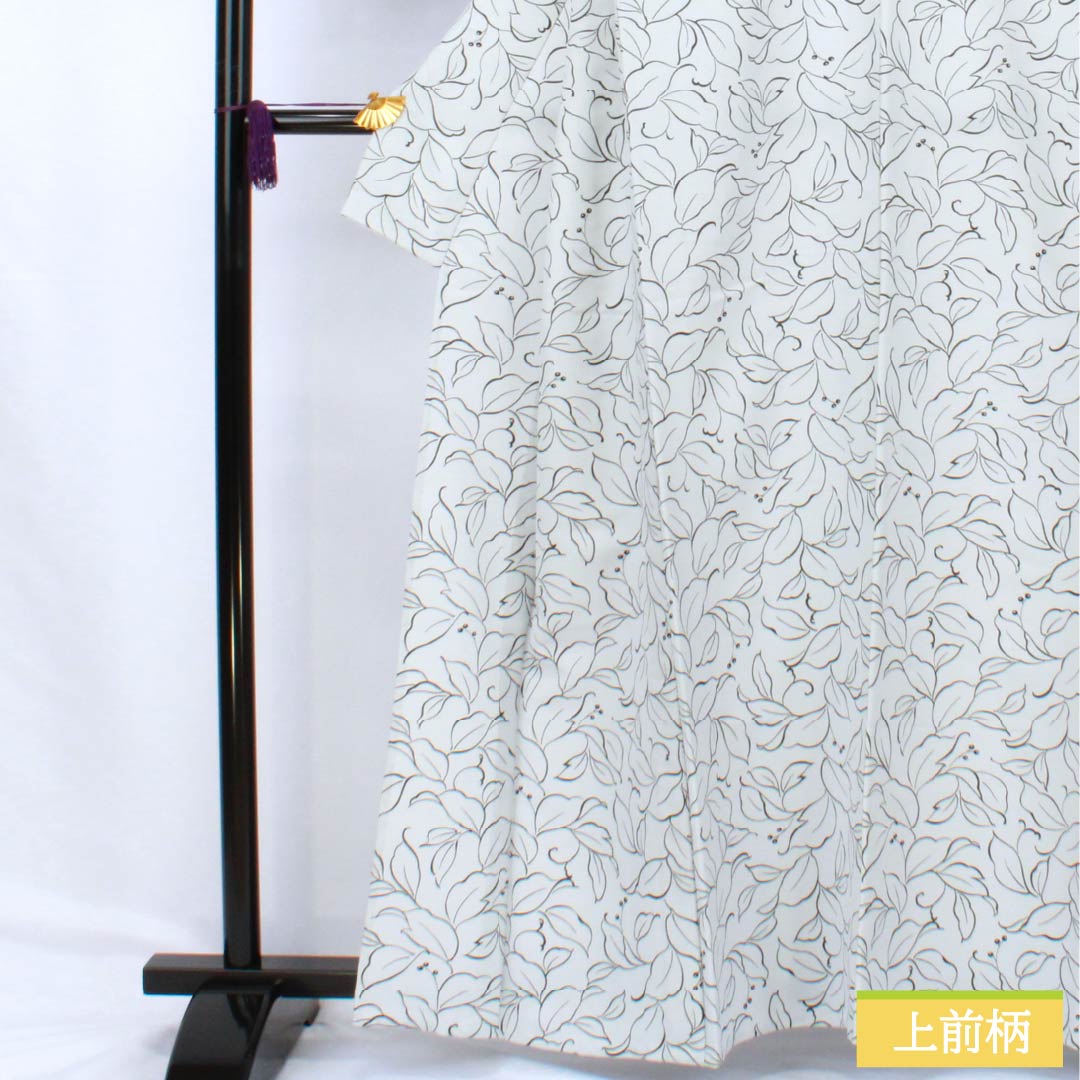 Small-patterned polyester kimono, S-rank, length 162cm, sleeve length 65cm, single-layer, fish-belly white (gyo tohakuiro) pattern, floral pattern, washable, gray, 1115006932422