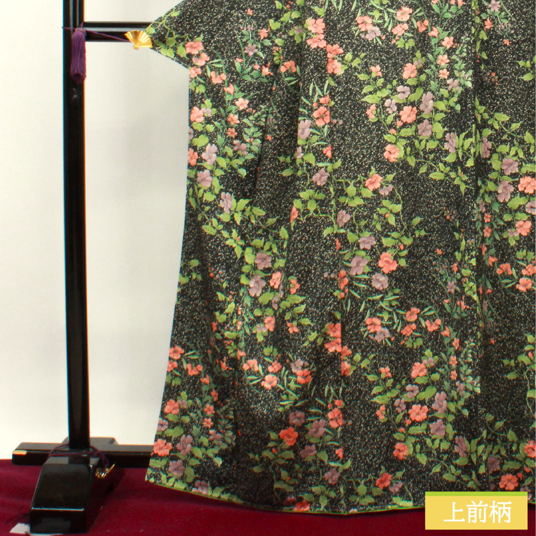 小紋 ポリエステル 身丈166cm 裄丈67cm 袷 洗える着物 草花模様 タタキ染 しつけ糸付き Sランク 黒系 1115003982510