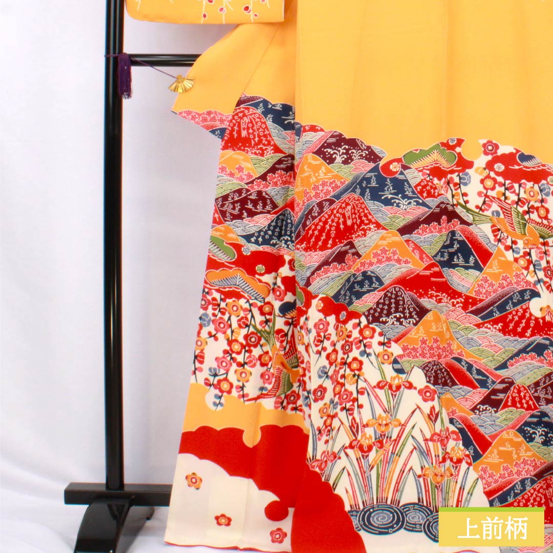 Visiting Kimono, Pure Silk, S Rank, Lined, Length 167cm, Sleeve Length 65.5cm, Orange Color, Kyoto Bingata Design, Auspicious Motif, Orange, Item Number 1112006432526