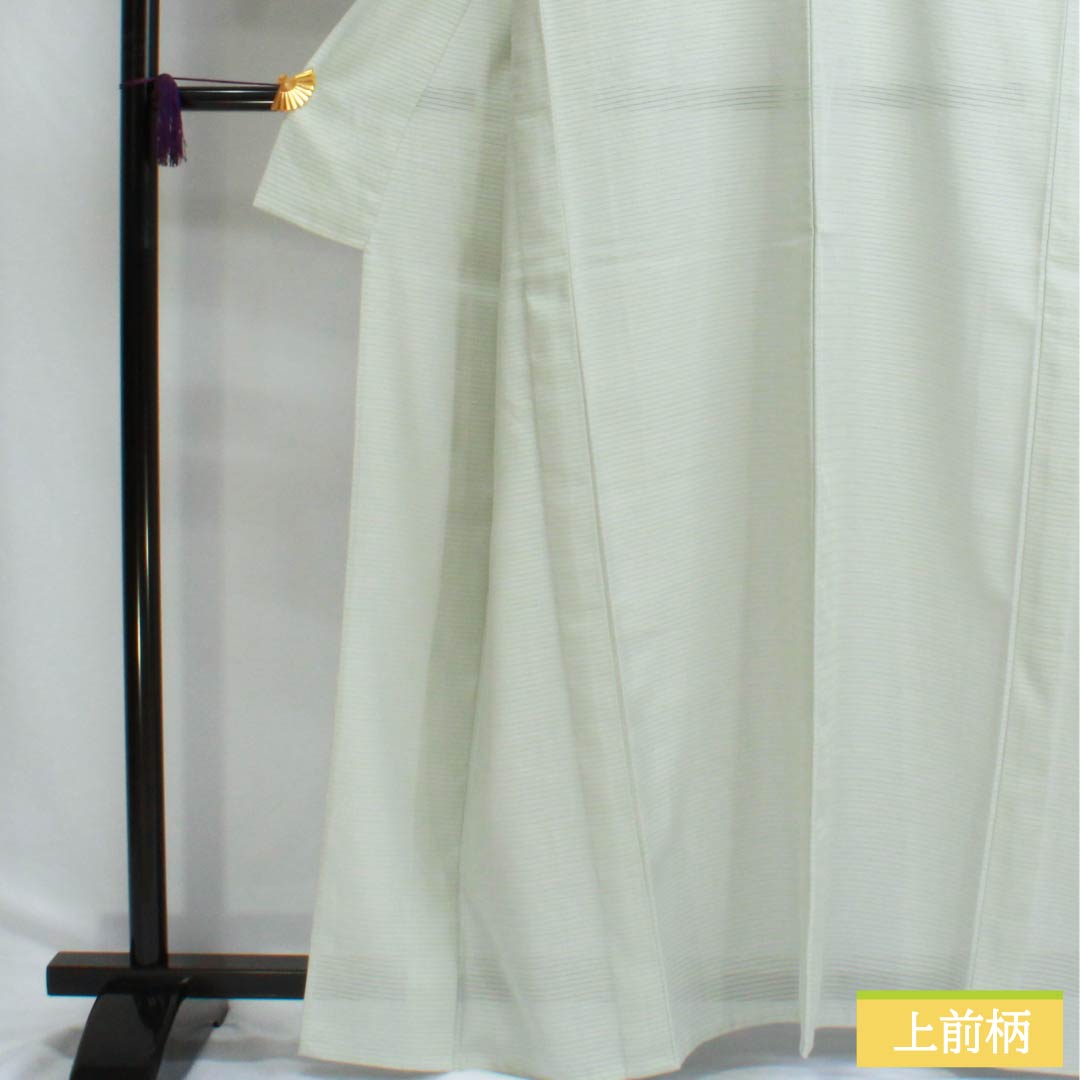 夏物 ポリエステル 色無地 Aランク 身丈163cm 裄丈66cm 青白磁色（せいはくじいろ） 一つ紋 五三桐 洗える着物 絽 緑系 1132002903419