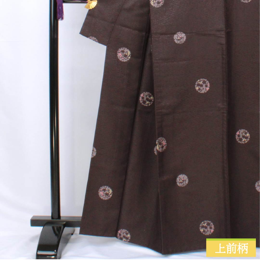 Komon (small pattern) kimono, polyester, length 164.5cm, sleeve length 65.5cm, single-layer, purple-black (shiushoku) pattern with snow rings and flower petals, washable, S rank, purple, product number 1115006062420