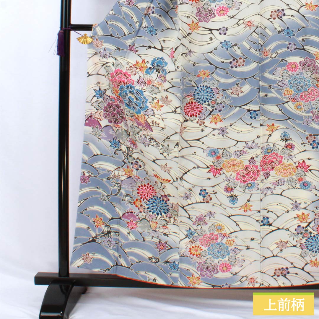 Visiting Kimono, Pure Silk, Grade A, Lined, Length 158cm, Sleeve Length 65cm, Navy Blue, Kyoto Bingata Flower Design, Blue Basting Thread Included, Product Number: 1112007023317