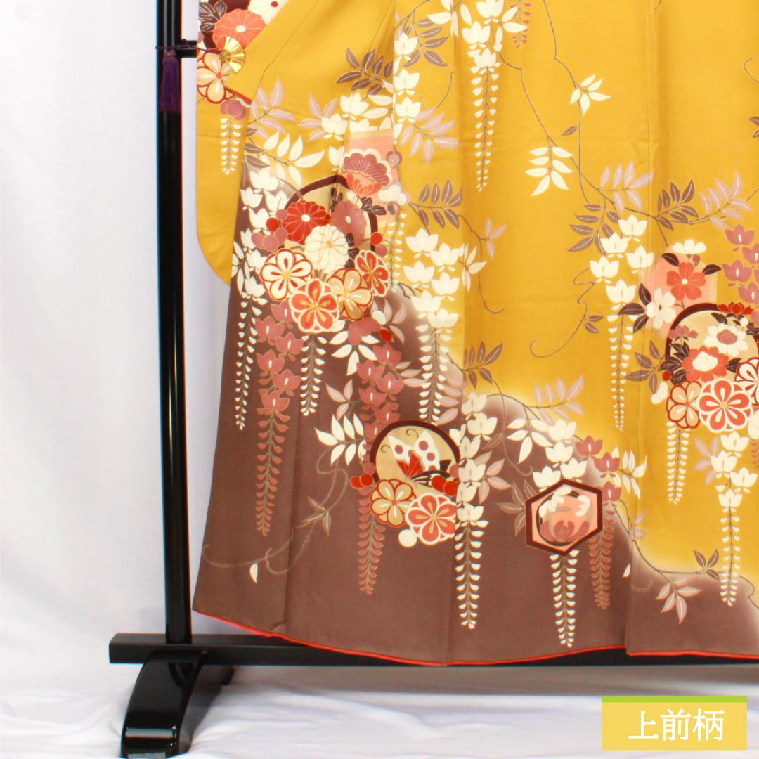 振袖 正絹 Aランク 身丈156.5cm 裄丈63cm 袷 黄土色（おうどいろ） 京友禅 吉祥文様 梅 藤 蝶 黄系 1113002573323