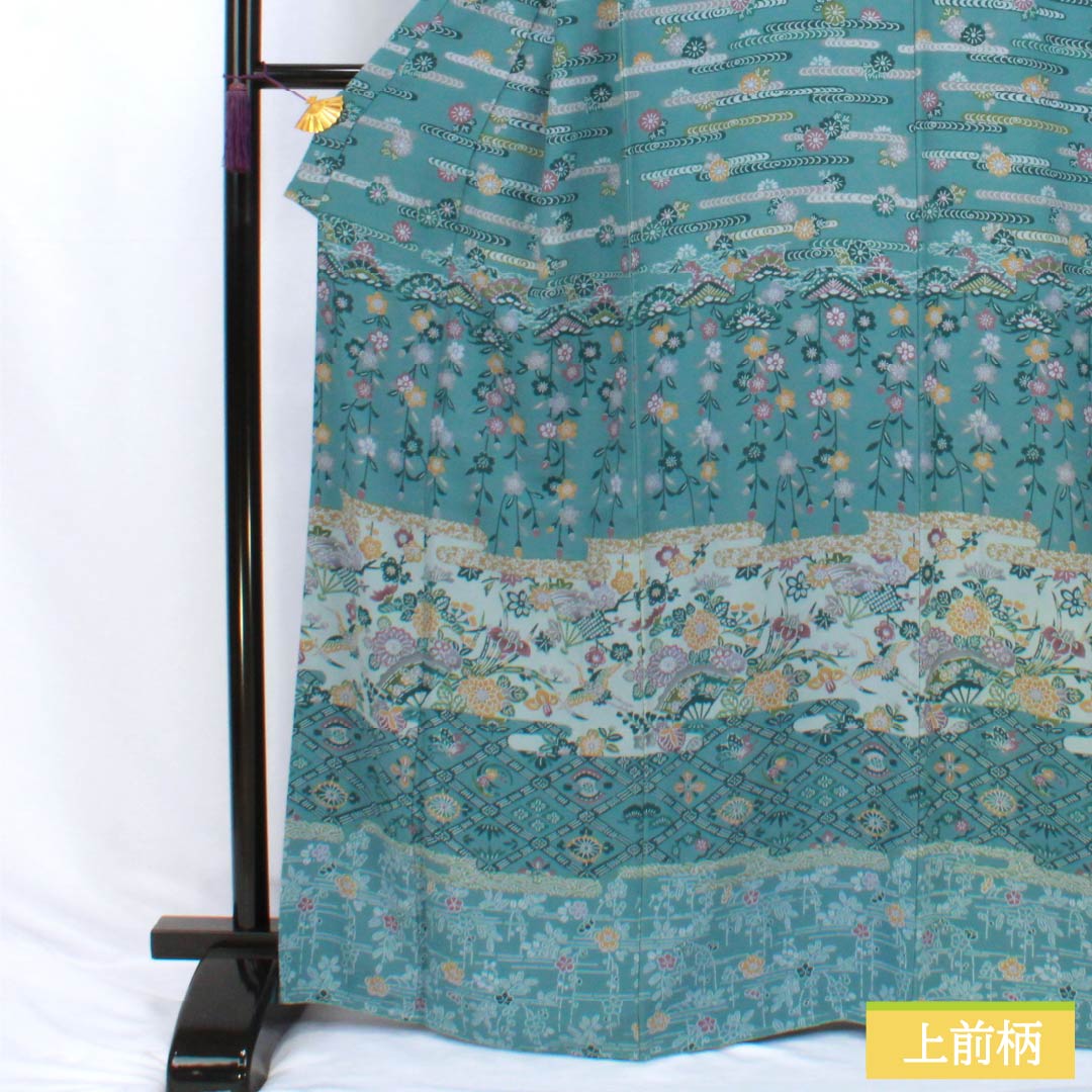 Homongi Silk S-Rank Lined Kimono Length 166cm, Sleeve to Sleeve 67.5cm, Kage-asagi Color, Stenciled, Artist-made, Classic Pattern, With basting stitches, Blue series, 1112007792517