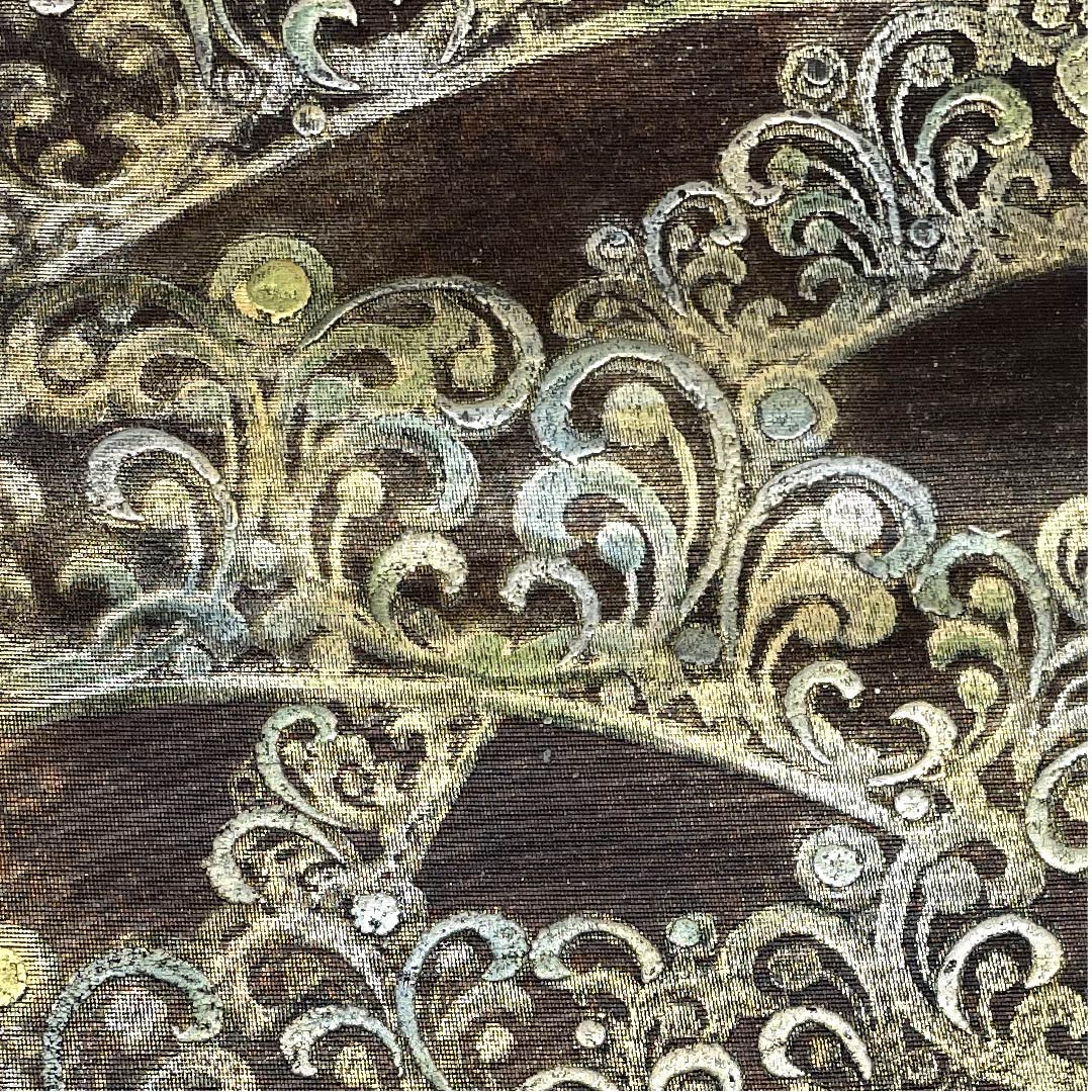 【Unhemmed】Fukuro-obi, pure silk, S rank, kenbo-iro, gold karakawa, abstract pattern, obi length 478cm, rokkaku, formal, brown, 1123006082414