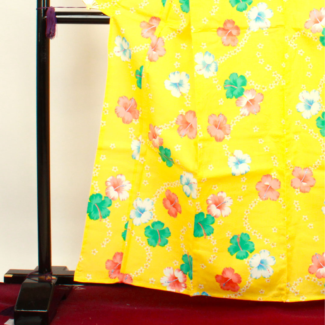 Yukata with basting thread, unused, sunflower color, hibiscus, cotton, S rank, single layer, length 164cm, sleeve length 64.5cm, yellow, 1118002732423