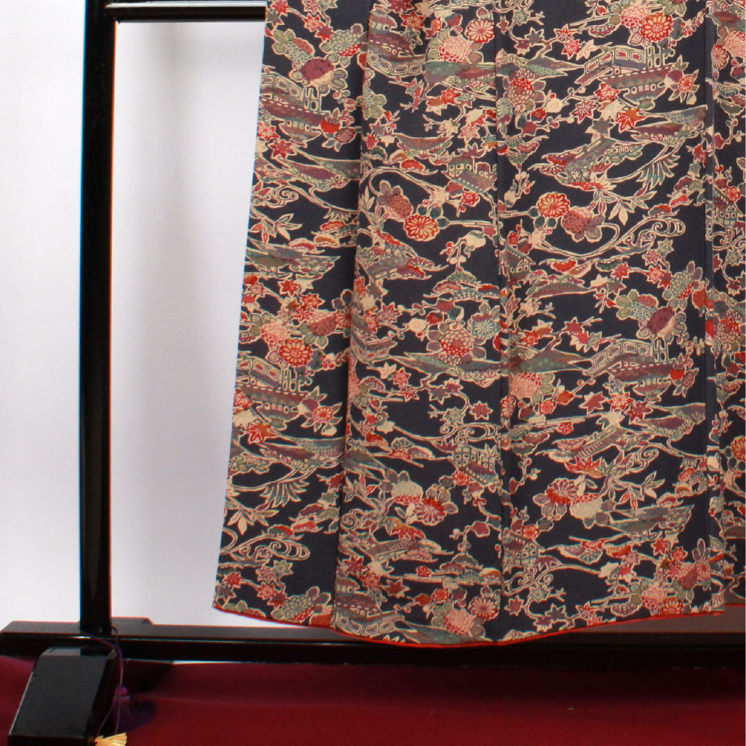 Small pattern, Length 154.5cm, Sleeve length 60.5cm, Lined, Blue-brown, Stencil dyeing, Floral pattern, Pure silk, A rank, Navy blue, 1115002293218