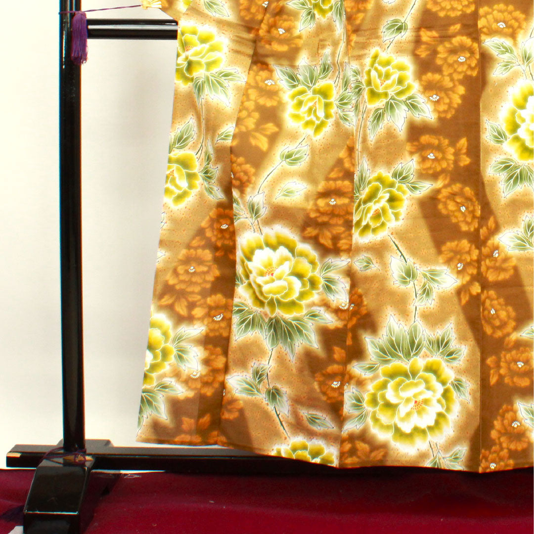Yukata with basting thread, unused, chestnut color, peony, cotton, S rank, single layer, length 158.5cm, sleeve length 63.5cm, brown, 1118002702314