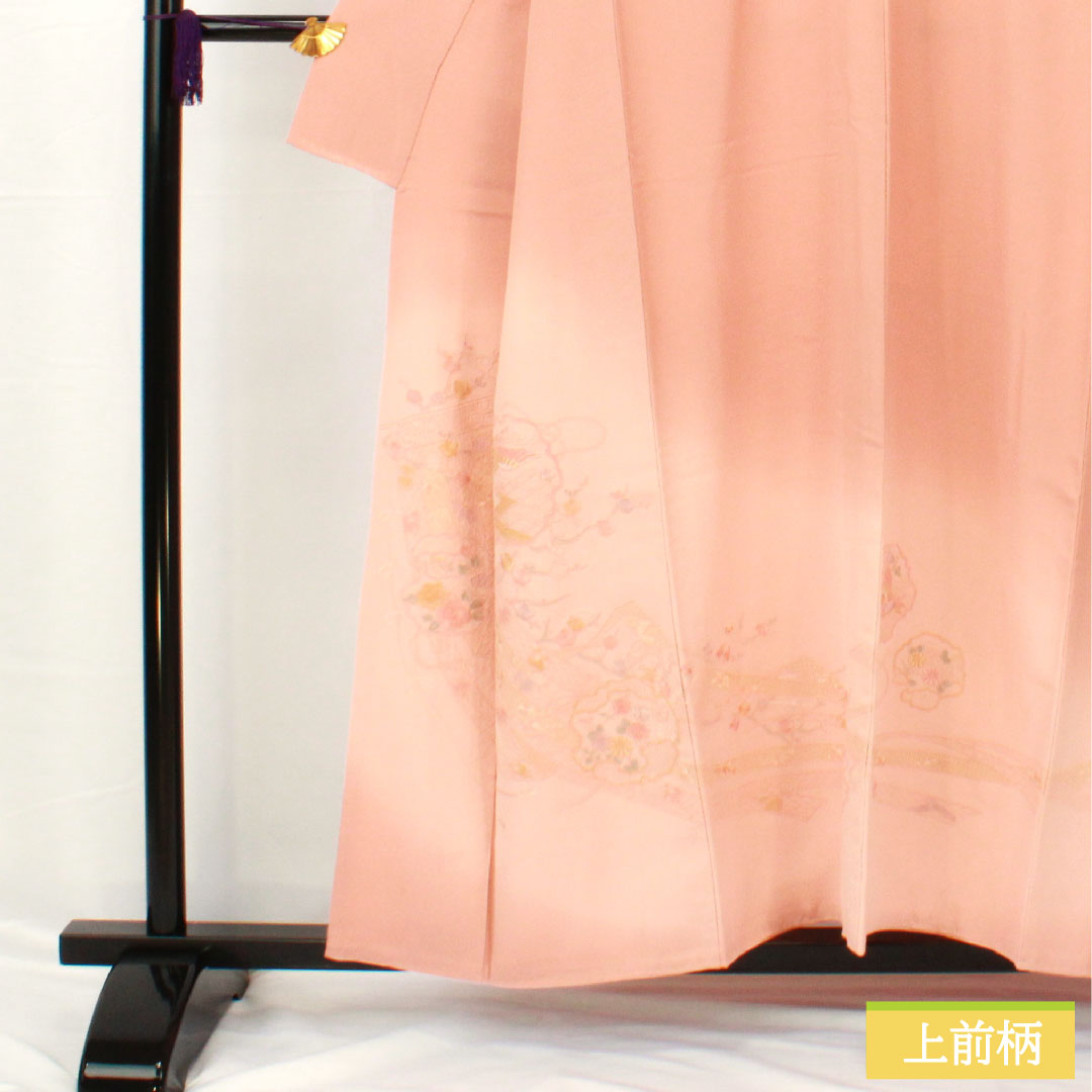 Colored Tomesode, pure silk, length 155cm, sleeve length 62.5cm, lined, Shinonome-iro (Shinonome-iro), Suzhou embroidery, auspicious motif, one crest, circle with different hawk feathers, B rank, pink, 1111001694313