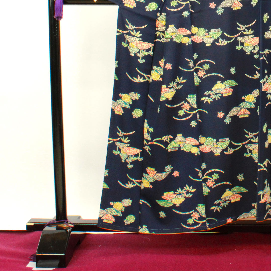 小紋 身丈155cm 裄丈63cm 袷  濃紺色 型染  正絹 Aランク 紺系 1115002983318