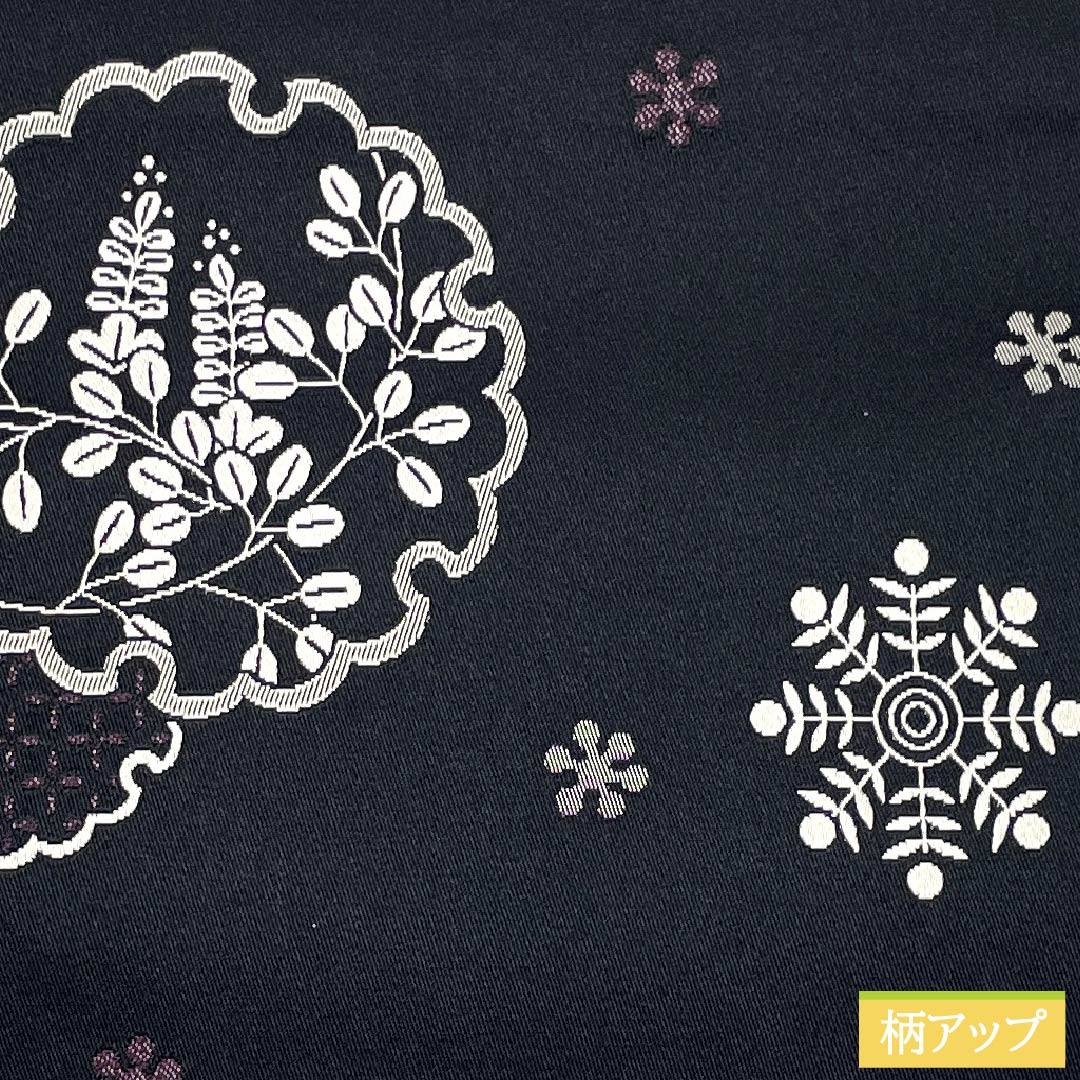 Nagoya Obi, Polyester, S-Rank, Snow Ring, Snow Crystal, and Ranchrysanthemum Designs, Length 369cm, Full Length, Casual, Black, 1124010862310, Pine Needle Stitching