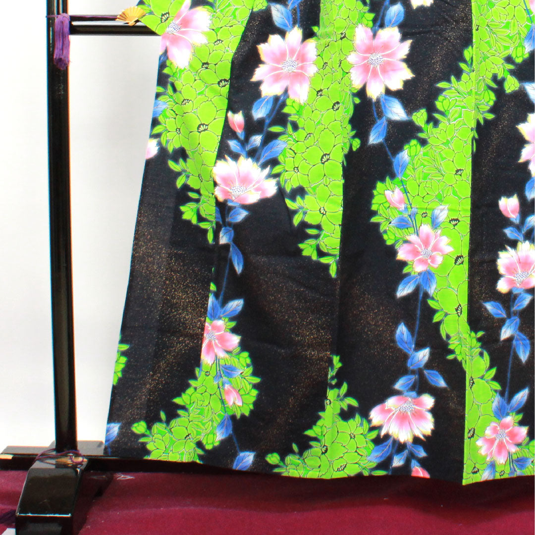 Yukata, floral pattern, cotton, S rank, single layer, length 159.5cm, sleeve length 65cm, black, 1118003332310