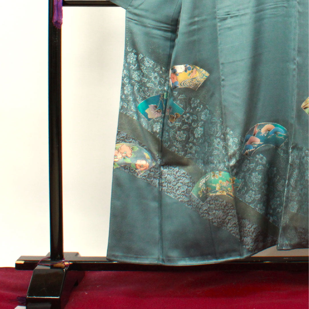 訪問着 袷 身丈154.5cm 裄丈66cm 錆納戸色 金彩加工 扇面 吉祥文様 正絹 Sランク 青系 1112002682217