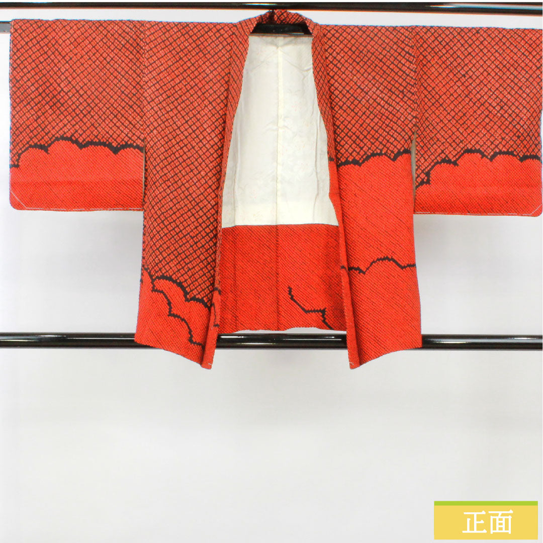 Haori (Japanese traditional coat) made of pure silk, length 75cm, sleeve length 65cm, scarlet, all-dyed, abstract pattern, with basting thread, S rank, lined, vermilion, 1117001052916