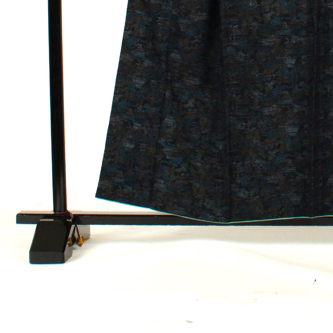Tsumugi, Length 158cm, Sleeve length 62.5cm, Landscape pattern, Pure silk, S rank, Lined, Navy blue, 1116001292318