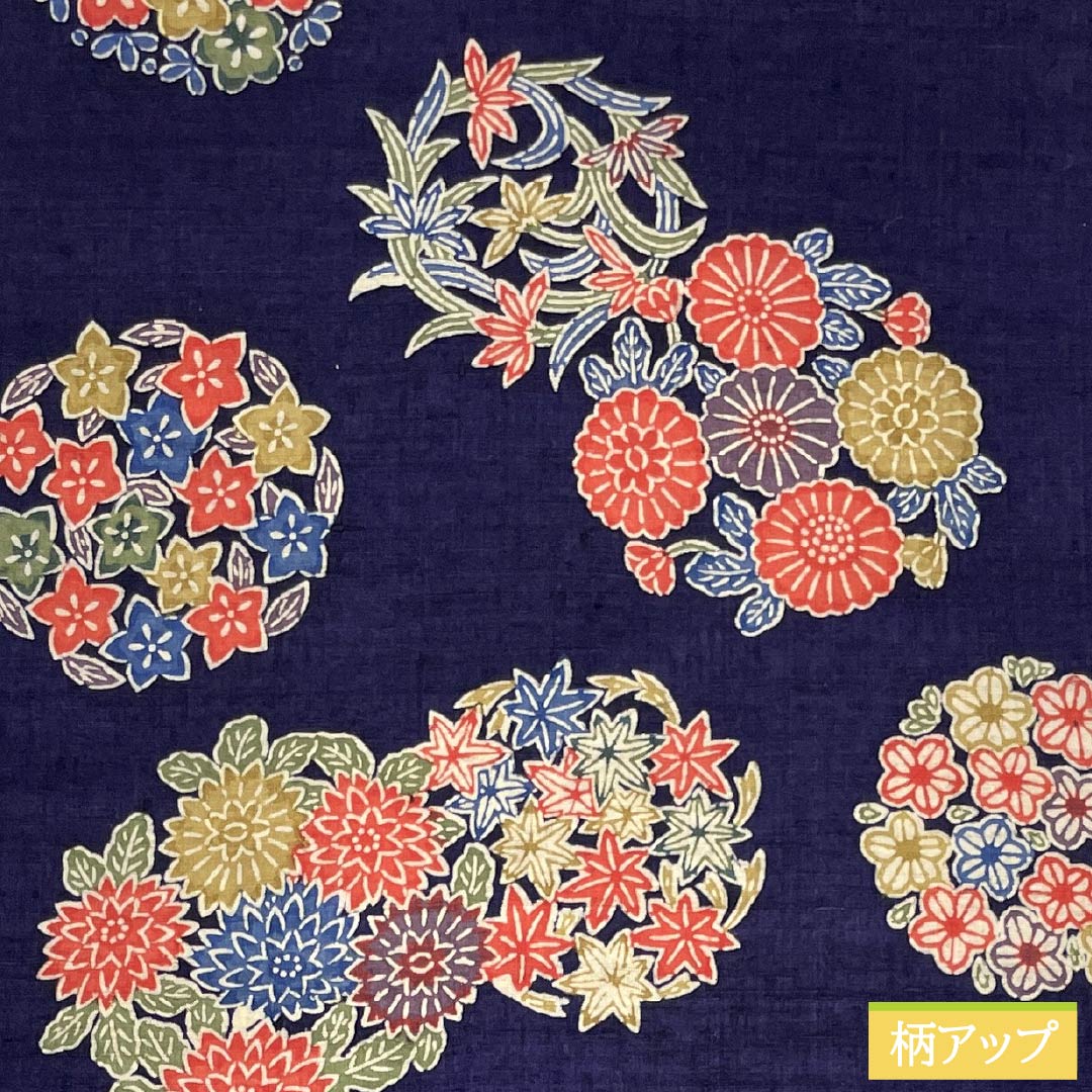 Nagoya Obi, Pure Silk, S-Rank, Gold-Blue, Stencil-Dyed, Flower and Circle Pattern, Autumn Leaves, Length 378cm, Full Length, Casual, Navy Blue, Item Number 1124009732318, Nagoya Style
