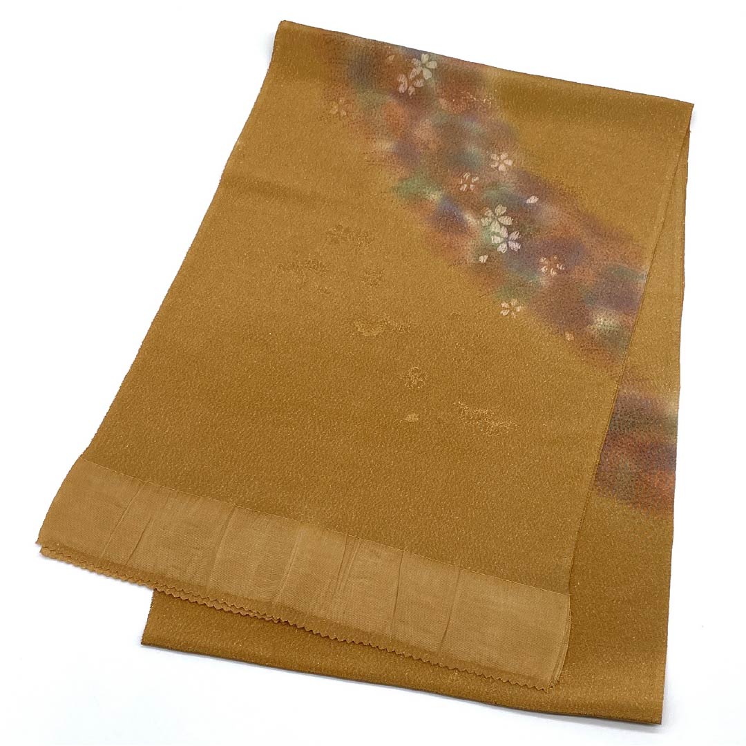 Obiage, pure silk, formal, Enshu brown, gold thread, cherry blossom, floral pattern, length 172cm, width 30cm, S rank, brown, 1136000422914