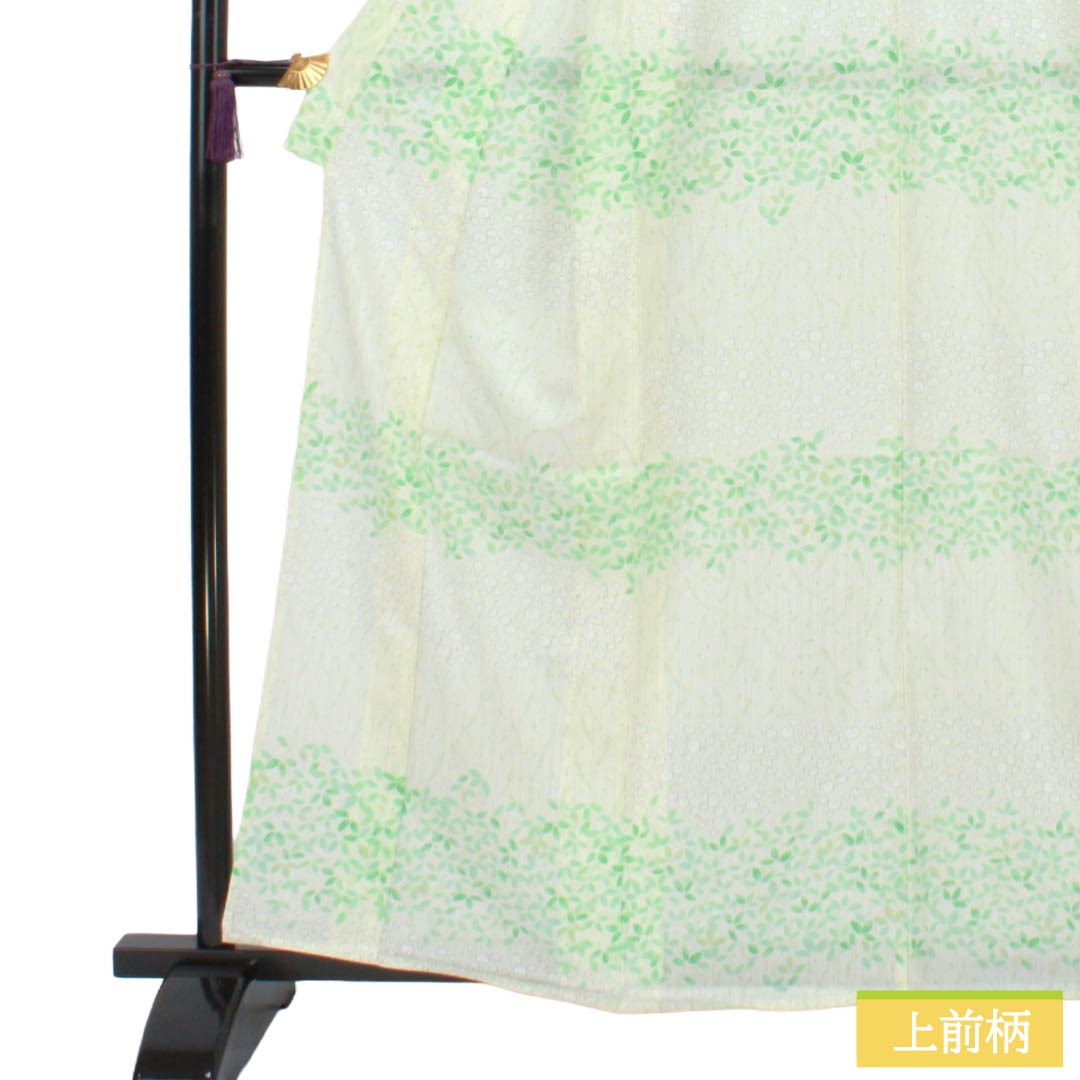 夏物 ポリエステル 小紋 Sランク 身丈161.5cm 裄丈64.5cm 乳白色（にゅうはくしょく） 型染 葉模様 横段 絽 白系 1132004952411