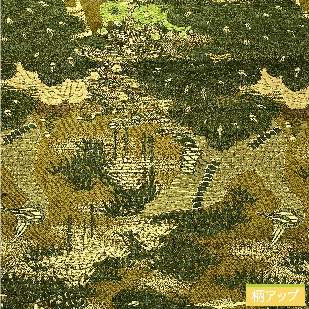 袋帯 正絹 路考茶色（ろこうちゃいろ） 丸帯 孔雀 松竹梅 扇面 帯丈394cm Sランク 全通 フォーマル 黄系 1123011282323