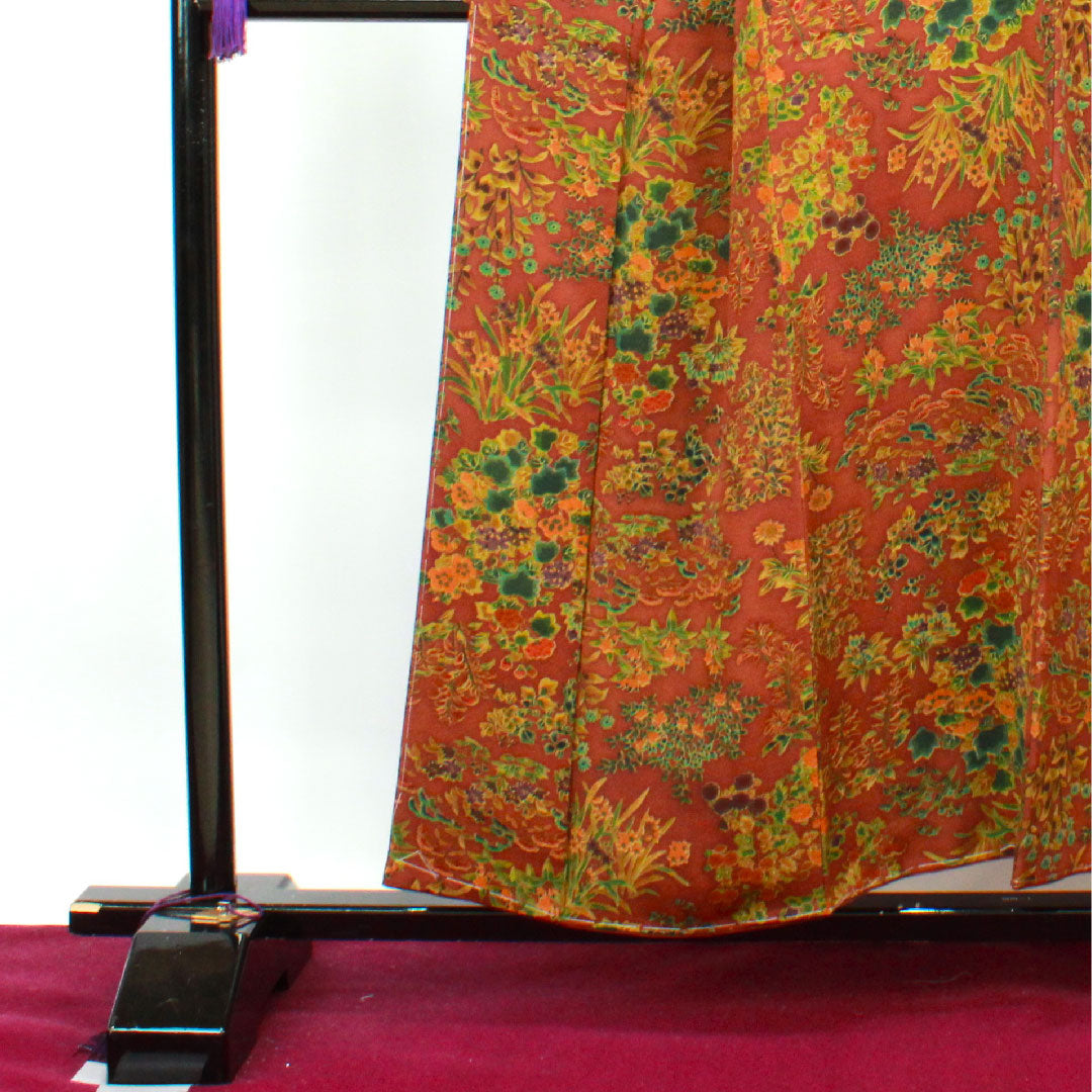 小紋 身丈154.5cm 裄丈61.5cm 袷  錆色 しつけ糸付き 草花模様  正絹 Aランク 茶系 1115003203214
