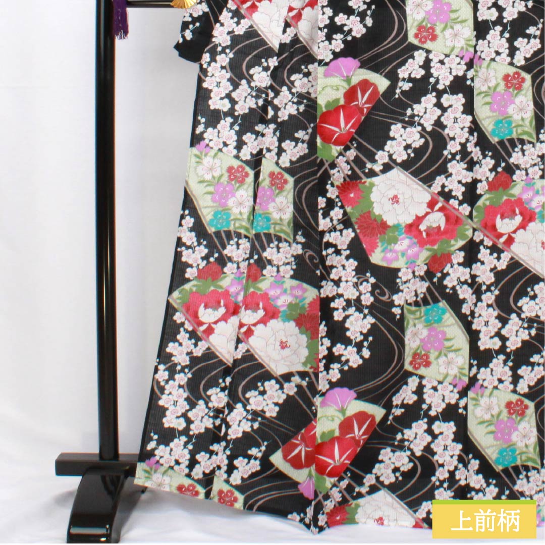 Cotton Yukata, Length 167cm, Sleeve Length 64cm, S Rank, Single Layer, Black, Vertical Silk, All-over Flower Pattern, Fan Pattern, 1118006262510