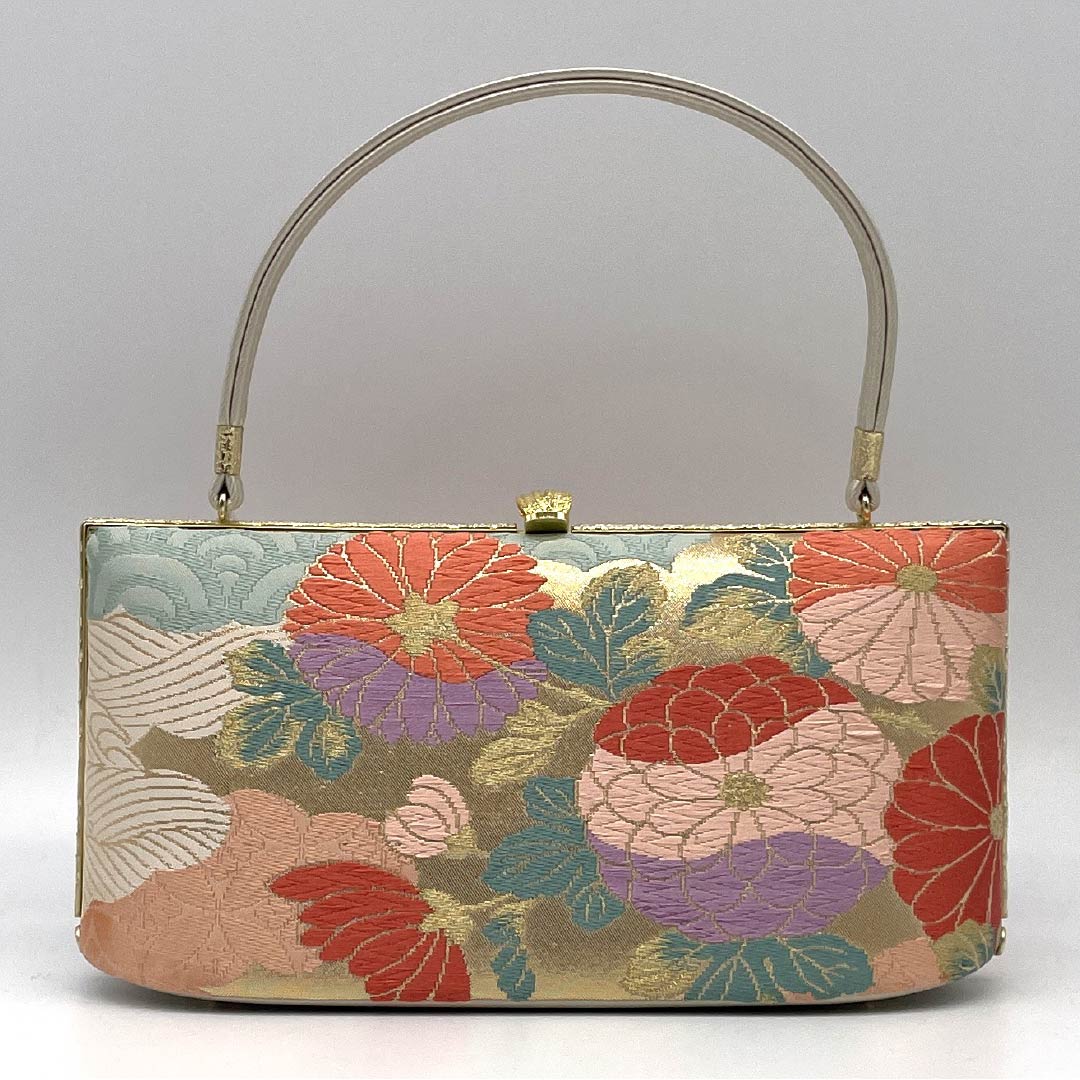 (Like New) Formal Zori and Bag Set, Grade A, Chrysanthemum Design, Obi Fabric, Size M, Gold Finish, 1133000473321