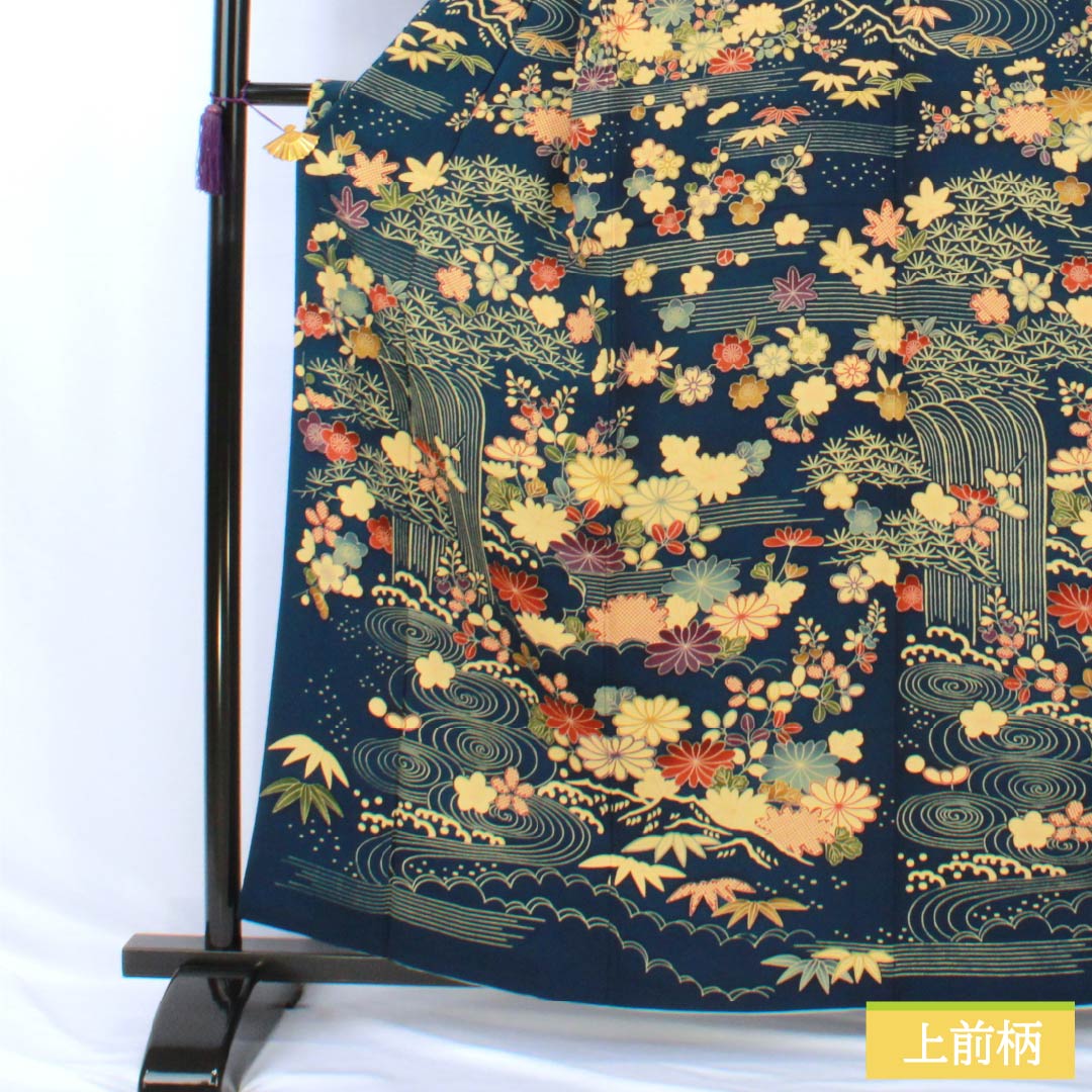 Visiting Kimono, Pure Silk, Grade A, Lined, Length 160cm, Sleeve Length 64.5cm, Navy Blue, Stencil Dyed, Flowing Water, Small Flowers, Navy Blue, Item Number: 1112006913418