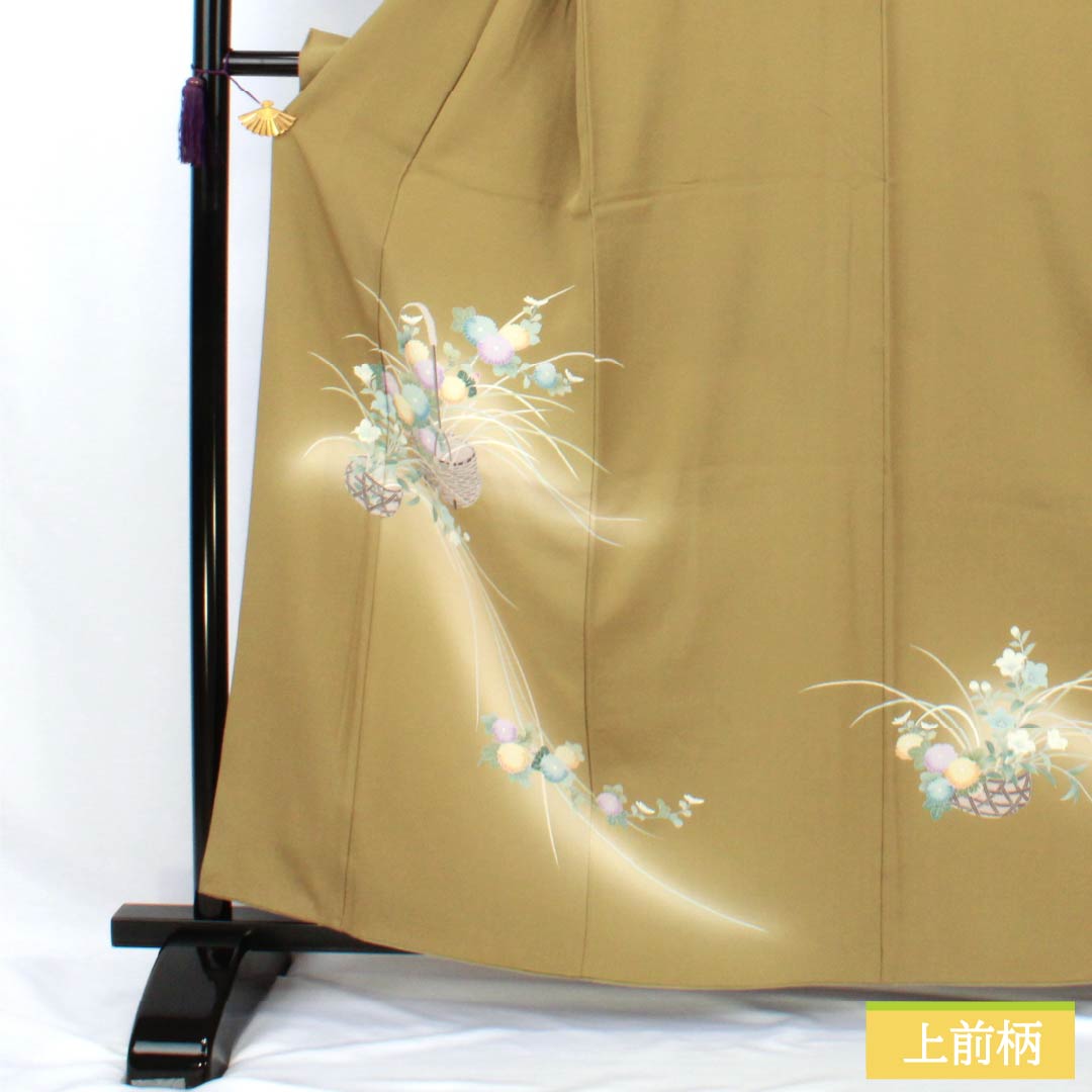 訪問着 正絹 Bランク 袷 身丈160.5cm 裄丈67cm 桑染色（くわぞめいろ） 京友禅 花籠 黄系 1112007124423