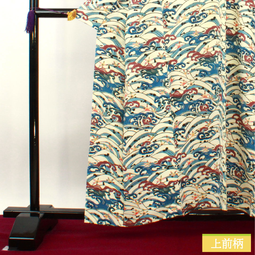 小紋 正絹 身丈157.5cm 裄丈62cm 袷 京紅型 波 Aランク 白系 1115004083311