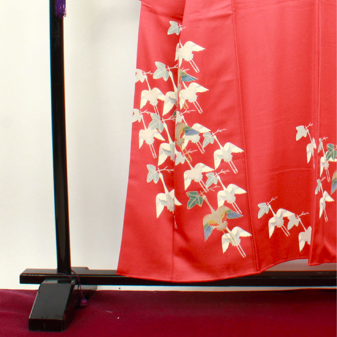 Homongi, lined, length 155cm, sleeve length 59cm, crimson silk, Kyo-Yuzen, crane, pure silk, A rank, red, 1112001863312