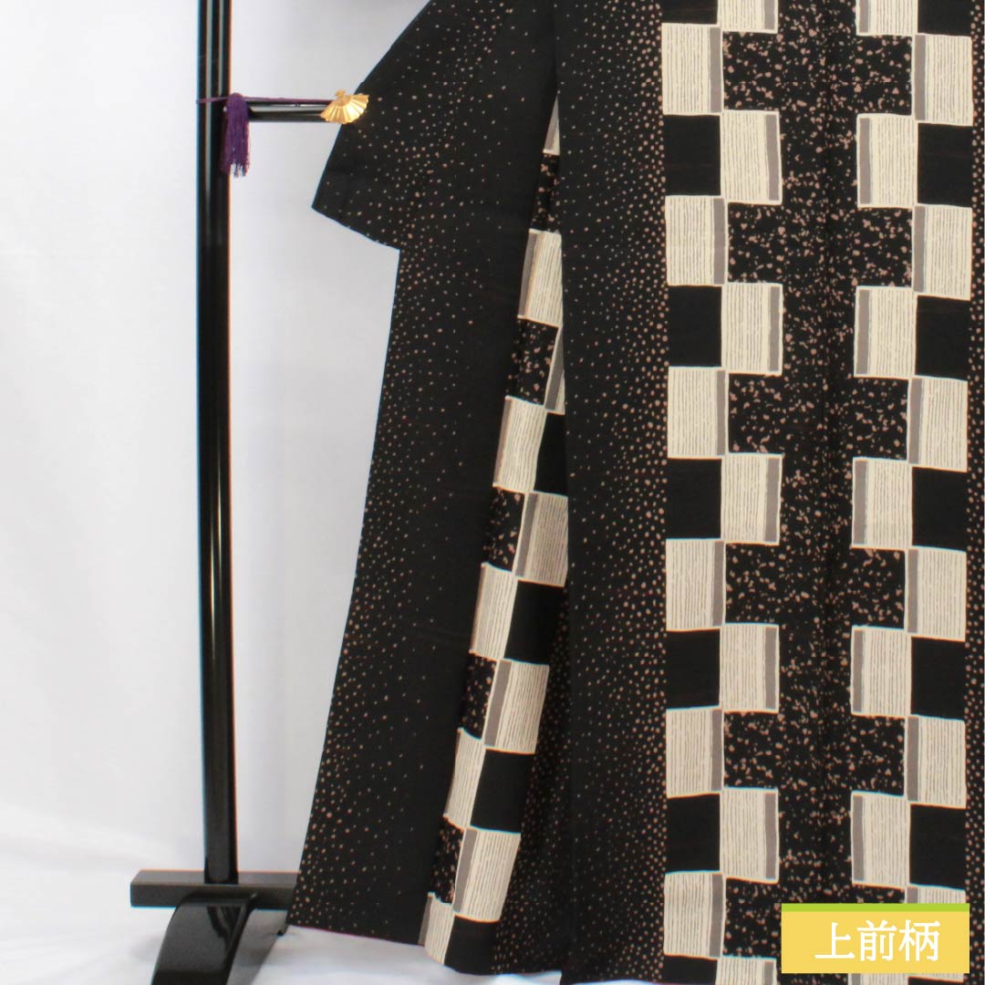 Komon (small pattern) Polyester Kimono, Rank B, Length 165.5cm, Sleeve Length 65.5cm, Lined, Dot Pattern, Checkered Pattern, Washable, Black, 1115006754510
