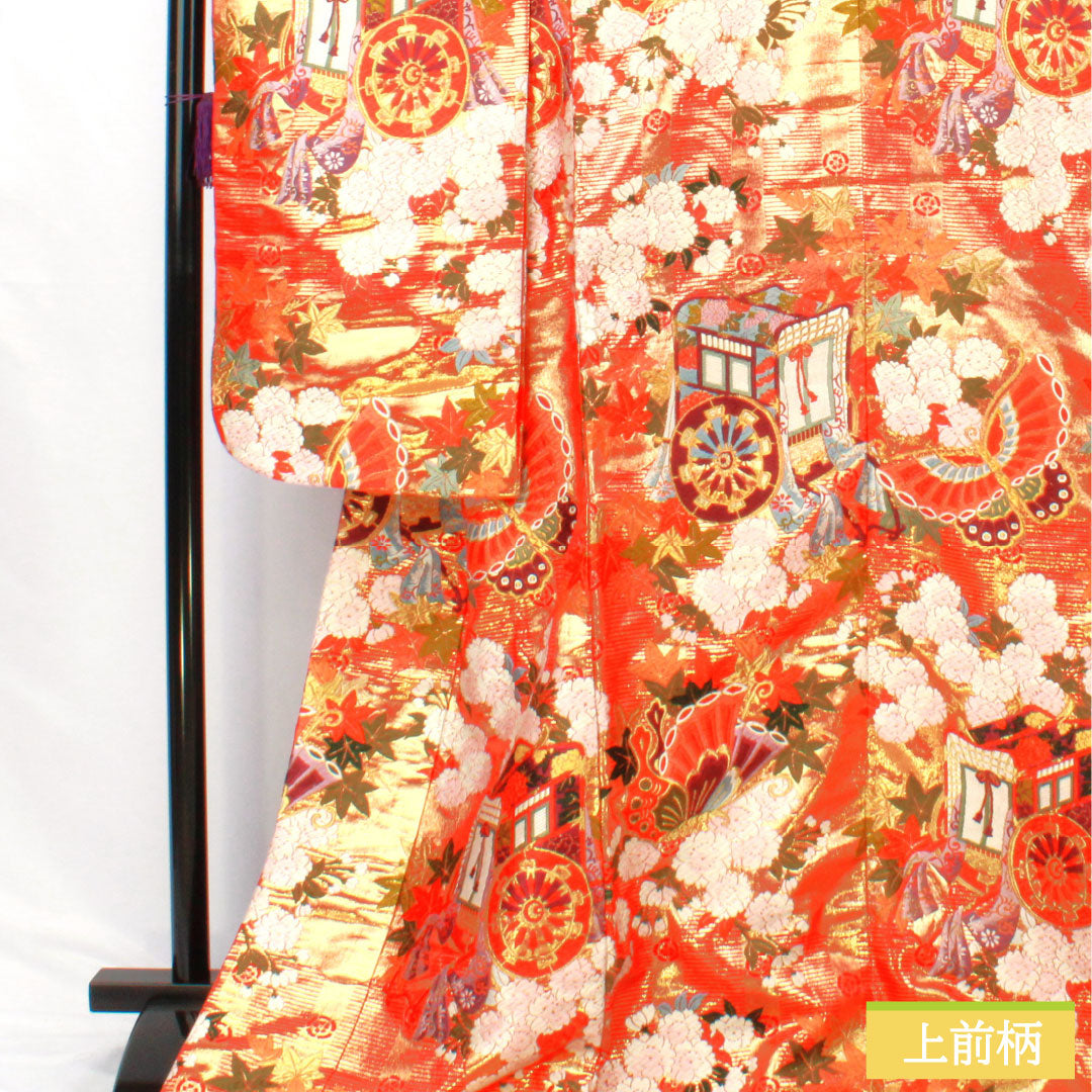 Iro-uchikake (colored kimono) made of pure silk, grade A, length 184cm, sleeve length 60.5cm, Karaori (Chinese weave) with butterfly and floral patterns, lined, vermilion, 1110001003916