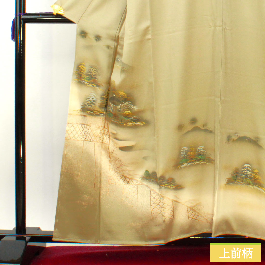 色留袖 正絹 身丈159cm 裄丈68cm 袷 亜麻色（あまいろ） 京友禅 風景模様 一つ紋 剣片喰 しつけ糸付き 未使用品 Sランク ベージュ系 1111001352325