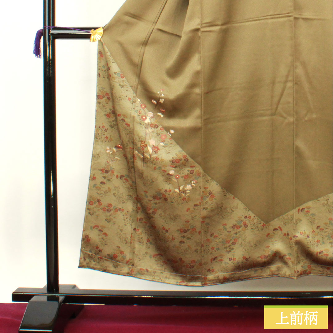 Homongi, pure silk, lined, length 154cm, sleeve length 63cm, kobi chairo (light brown), floral pattern, with basting thread, A rank, green, 1112004523219