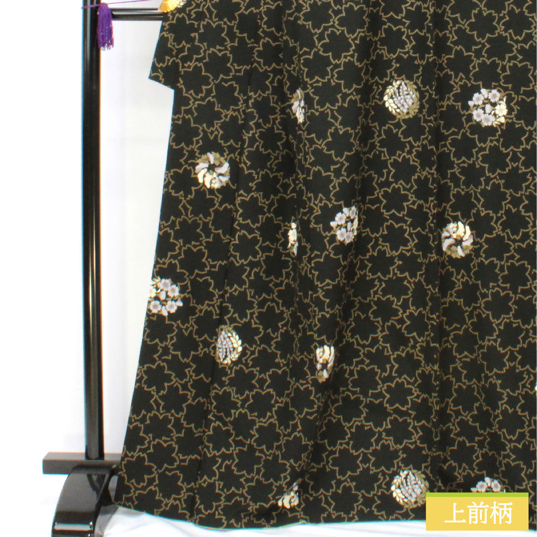 Small pattern, polyester, length 166.5cm, sleeve length 67cm, lined, washable kimono, cherry blossom, floral pattern, S rank, black, 1115004952510