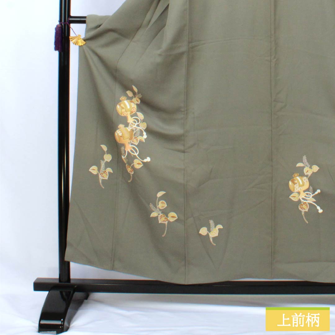 訪問着 正絹 Sランク 袷 身丈155cm 裄丈62.5cm 利休鼠色（りきゅうねずみいろ） 京友禅 付下げ 葵 小槌 スーパー鈴ガード 緑系 1112007212319