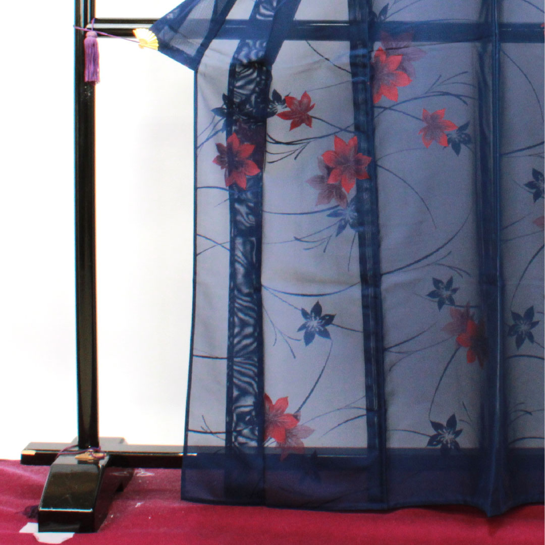 夏物 正絹 小紋 身丈168cm 裄丈63.5cm 紺桔梗色（こんききょういろ） 草花模様 しつけ糸付き 未使用品 紗 Sランク 紺系 1132001282518