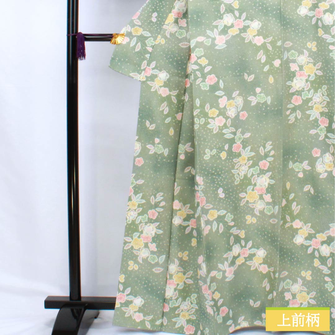 小紋 ポリエステル Sランク 身丈163.5cm 裄丈65cm 袷 裏葉色（うらはいろ） 京友禅 辻ヶ花 緑系 1115006822419