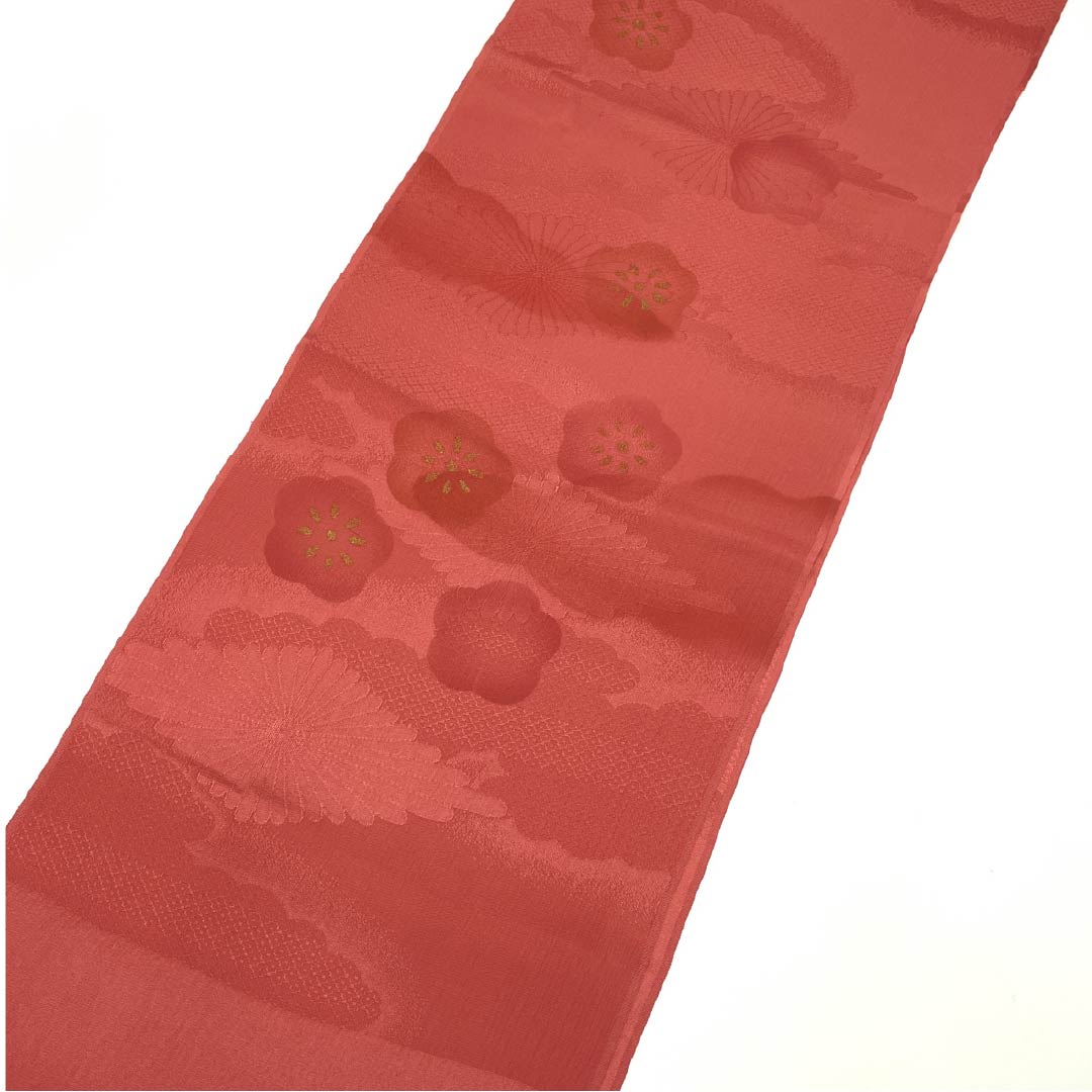 （新古品） 帯揚げ 正絹 フォーマル 甚三紅色（じんざもみいろ） 梅 菊菱 雲取り 長さ約168cm 幅約29.5cm Sランク 赤系 1136000132912