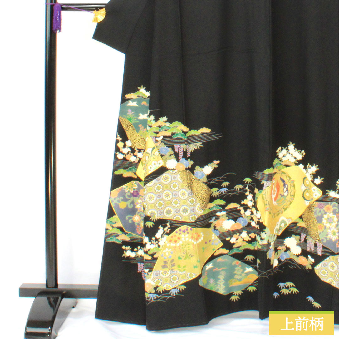 黒留袖 正絹 身丈162cm 裄丈68cm 袷 京友禅 割付文様 鳳凰 五つ紋 五三桐 Aランク 黒系 1111001733410
