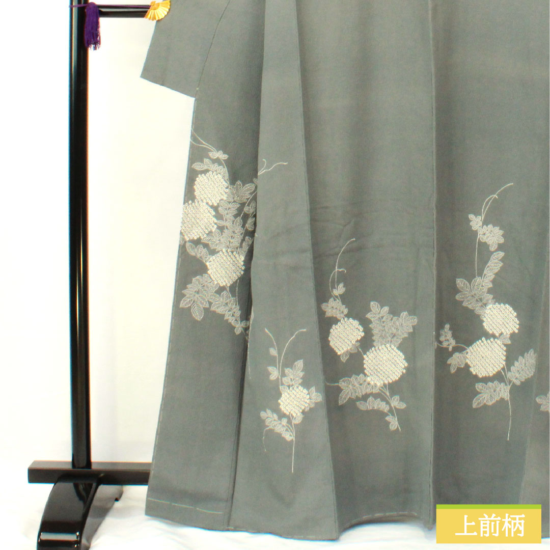 訪問着 正絹 袷 身丈163.5cm 裄丈63.5cm 青鈍色（あおにびいろ） 紫陽花 部分絞り Aランク グレー系 1112005353422