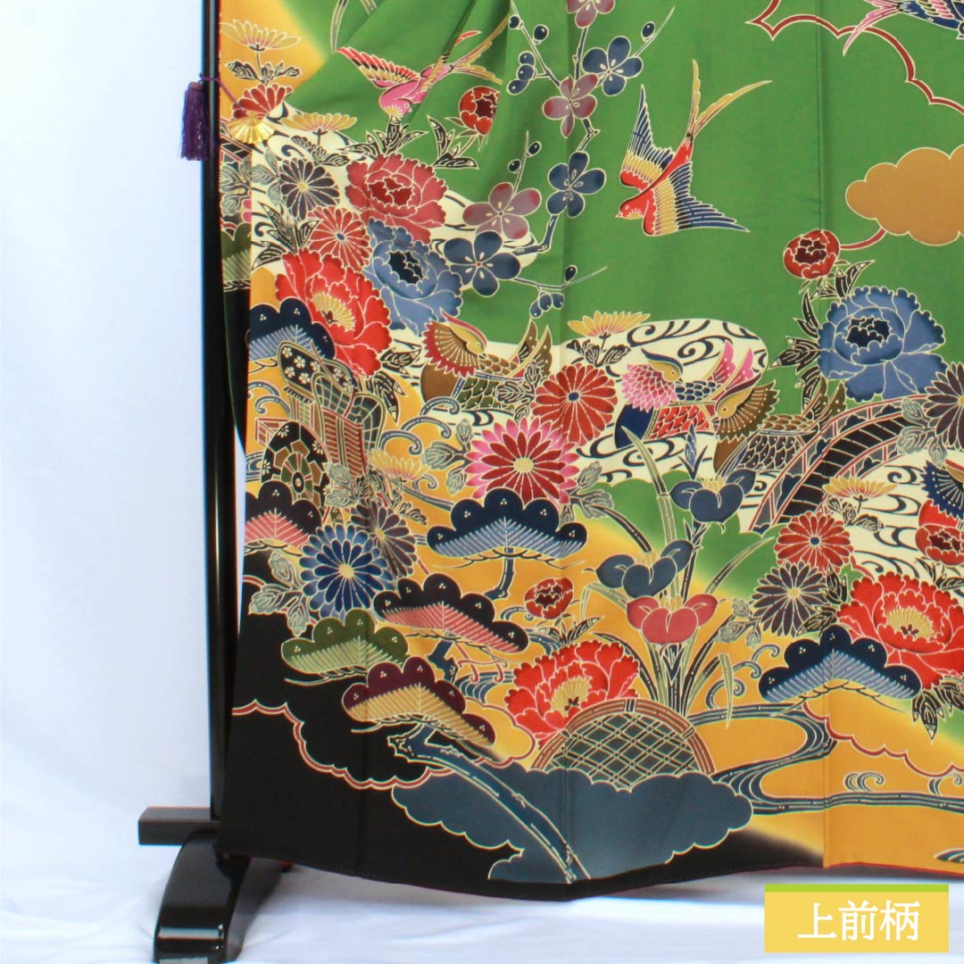 振袖 正絹 Aランク 身丈164.5cm 裄丈69cm 袷 松葉色（まつばいろ） 京紅型 吉祥文様 牡丹 菊 松 緑系 1113002363419
