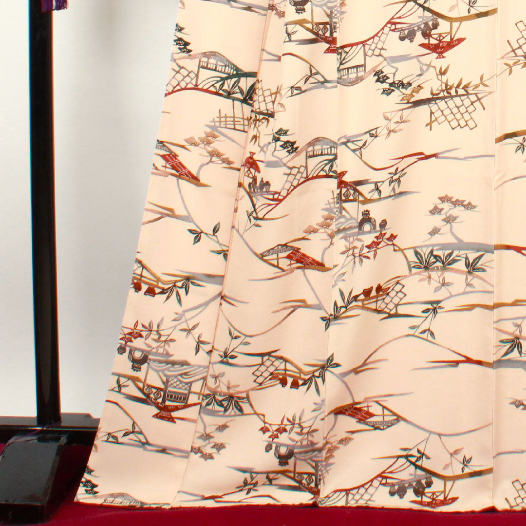 Komon, Length 165.5cm, Sleeve length 66cm, Awase, Washed persimmon color, Stencil dyeing, Landscape pattern, Pure silk, A rank, Pink 1115002093513